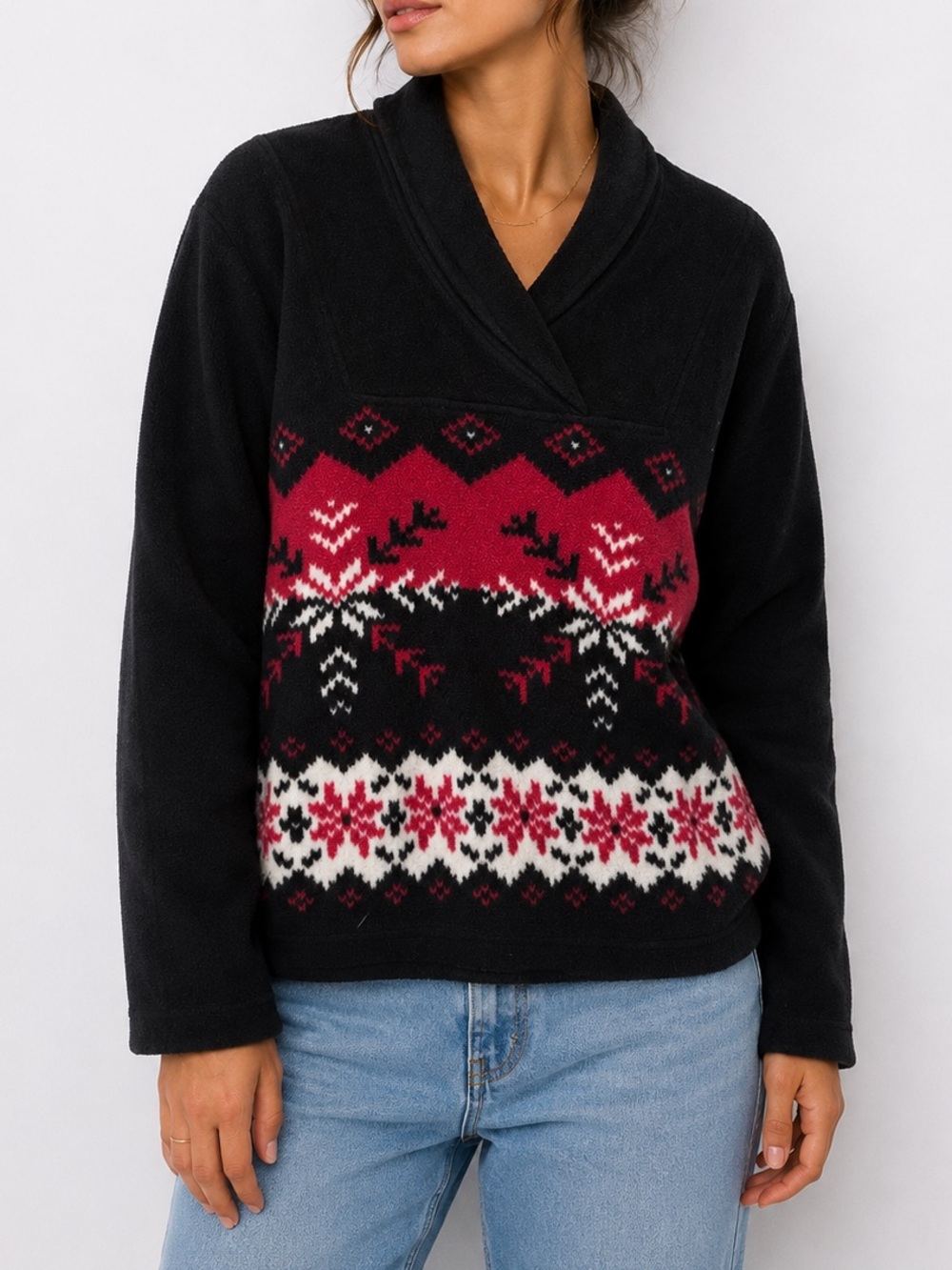 Northern Reflections Fleece Sweater Cozy Warm Winter Christmas Red & Black